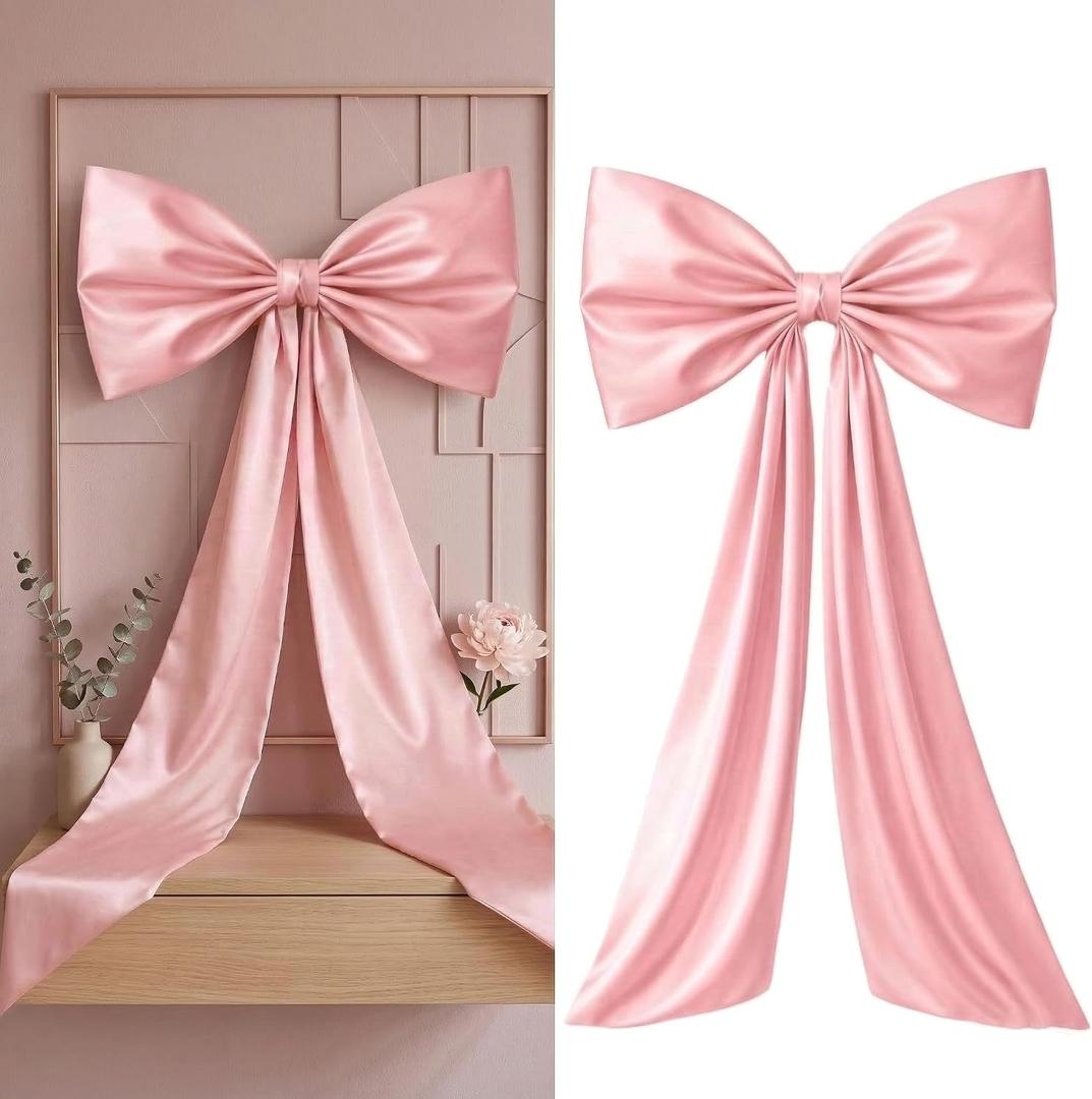2 Pcs Large Pink Bows for Decoration 40x15" Pink Crib Bows Ribbon Coquette Double Layer Satin Silk Baby Crib Bedding for Nursery Baby Shower Curtain Tie Backs Bachelorette Wedding Decor