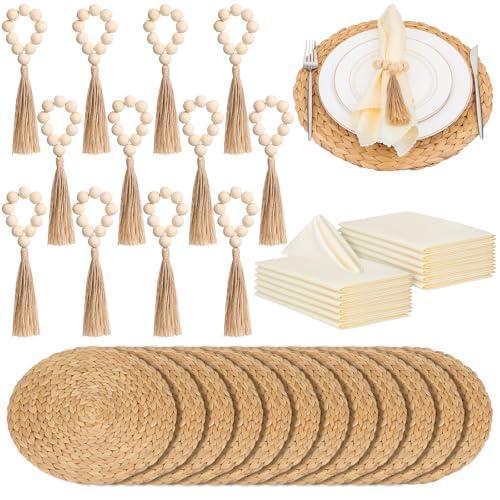 Gejoy 36 Pcs Boho Woven Placemats Wood Bead Napkin Rings with Dinner Napkins Cloth 13.8 Inch Round Water Hyacinth Placemat Farmhouse Rustic Table Chargers Wooden Dinner Ring for Wedding Thanksgiving