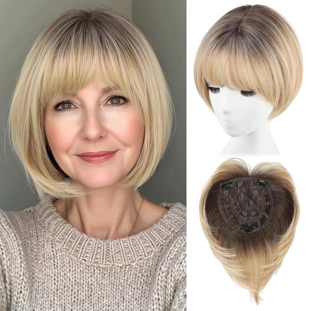 EMMOR Hair Toppers for Women Short Bob Synthetic HairPieces with Bangs 10" Side Part Toppers for Women with Thinning Hair 7"  7" Larger Base(Ombre Light Blonde)