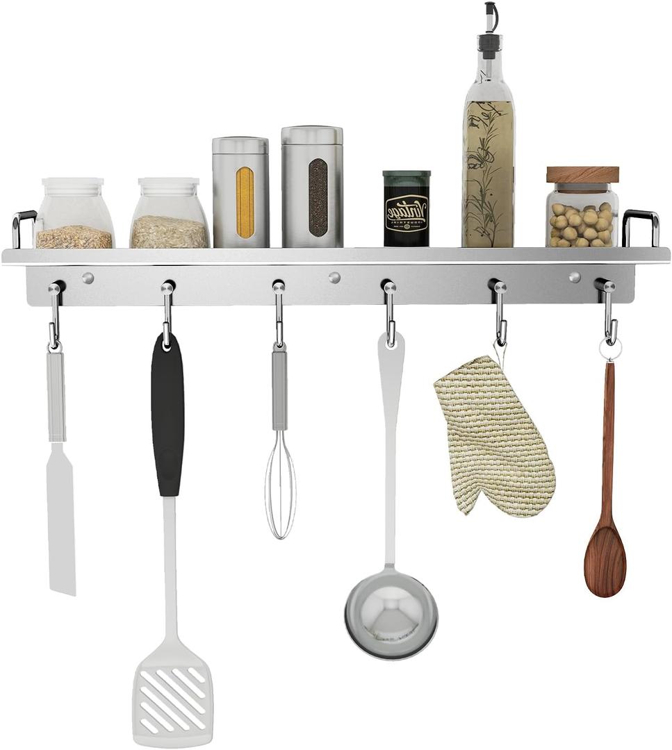 Audmore Kitchen Utensil Rack, 19.7 inch Spice Rack with 6 Hooks Wall Mount, Over the Stove Shelf, Stainless Steel, Hanging Storage Wall Shelf for Spatula Spoon, Seasoning Jar Organizer