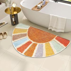 Boho Bathroom Rugs Half Circle Bath Mat Cute Bohemian Bath Rug for Bedroom Small Carpet Home Decor Non-Slip Semi Round Shower Rug Funny Washable Indoor Floor Door Mat Sun Retro 20x32inch