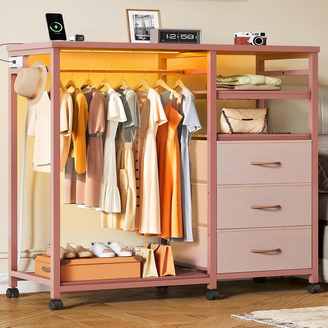 WLIVE Pink Dresser with Hanging Rack for Bedroom, 3 Drawer Dresser with LED Lights & Charging Station, Fabric Dressers & Chest of Drawers, Storage Organizer with Open Shelves for Living Room, 15.8"D x 41.4"W x 45"H