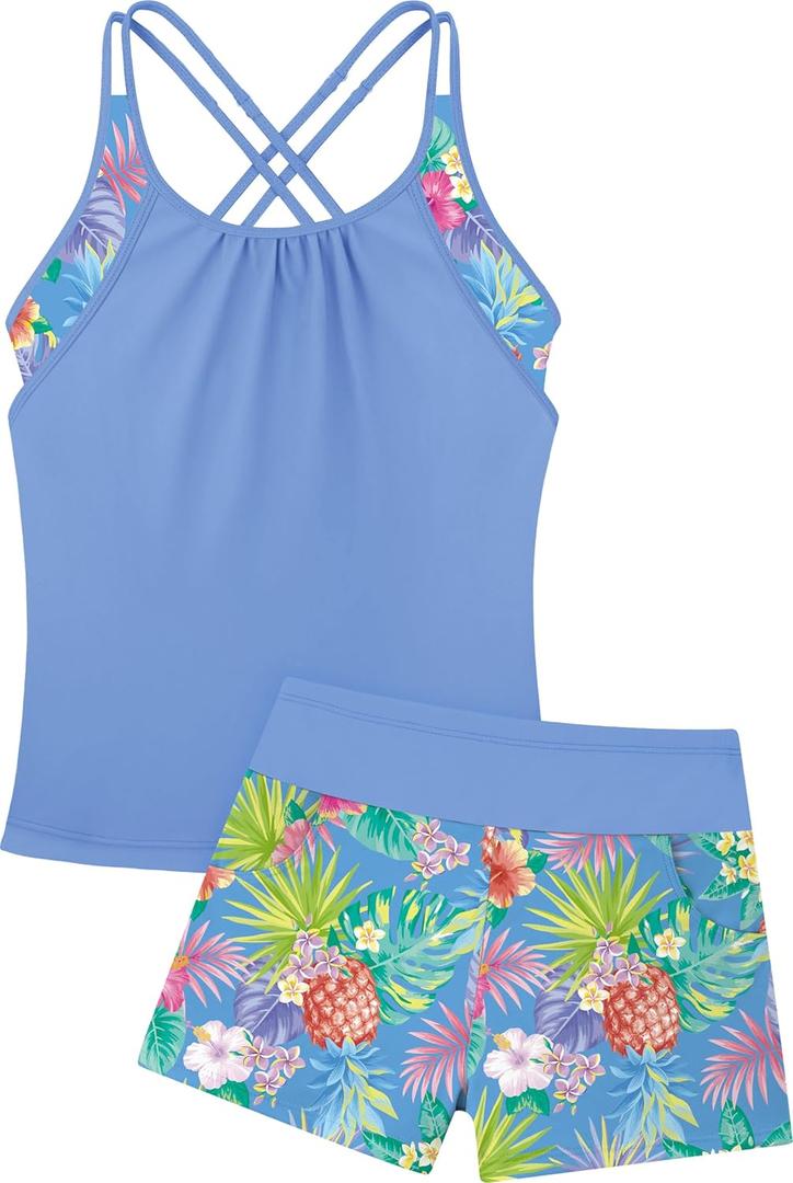 Girls Tankini Swimsuit Cross Straps Back Two Piece Bathing Suits with Pockets Shorts Swimwear Set 5-14 Years (10-12 Years, Purple Pineapple) Girls Tankini Swimsuit Cross Straps Back Two Piece Bathing Suits with Pockets Shorts Swimwear Set 5-14 Years (10-12 Years, Purple Pineapple)