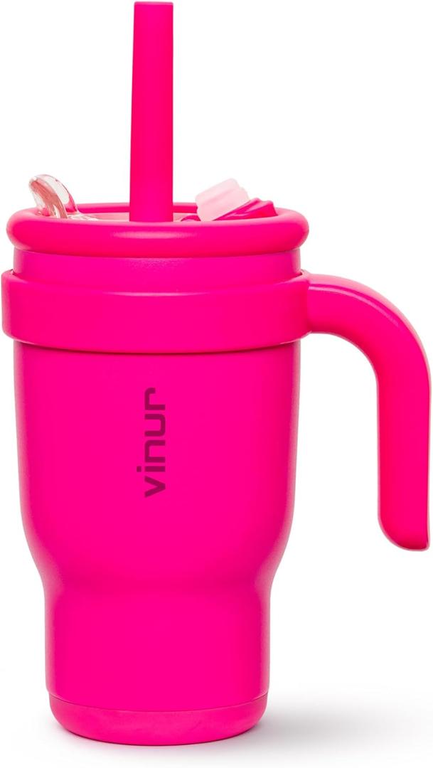 VINUR 14 oz Kids Tumbler with Handle Stainless Steel Double Wall Vacuum Insulated Tumbler Travel Water Drink Cup with Lid and Straw(Rose Pink)