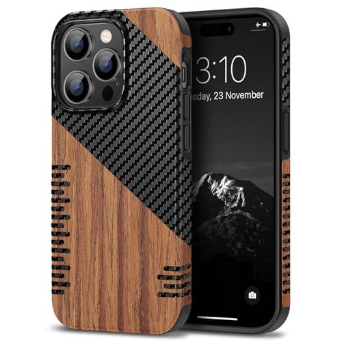 TENDLIN Compatible with iPhone 14 Pro Case Wood Grain with Carbon Fiber Texture Design Leather Hybrid Slim Case (Twill)