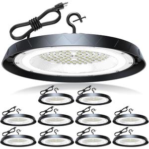 250W UFO High Bay Lights 30000LM LED Shop Light Plug & Play 10 Pack
6000K Commercial Bay Lighting IP65 Garage Light, Wide 120° Lighting Coverage, Clear Daylight with CRI>90, 5ft Power Cable