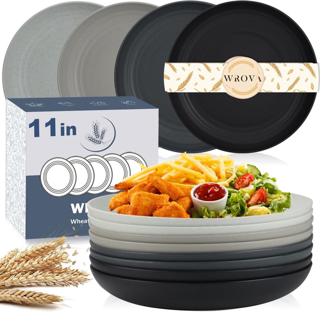 Wrova Large Wheat Straw Plates - 11 Inch Unbreakable Dinner Plates Set of 8 - Dishwasher & Microwave Safe, Reusable - Deep Edge for Kitchen and Camping (Classic) (Classical Series: Black and Grey)