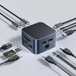 13-in-1 USB C Hub Multiport Adapter, USB C Docking Station with 4K@60Hz, 100W PD, USB A&C 3.2, 2xUSB A 3.0, Ethernet, SD/Micro SD, Audio, Mic, Laptop Dock for MacBook Pro/Air, iPad, Windows