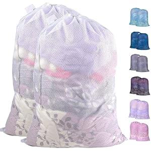 Polecasa Diamond Mesh Laundry Bags,2Pcs 30 x 36 inches Heavy Duty Mesh Laundry Bags with ID Tag and Drawstring Closure, Extra Large Laundry Hamper Liner, Laundry Bag for Travel, Sports,Dorms (White)