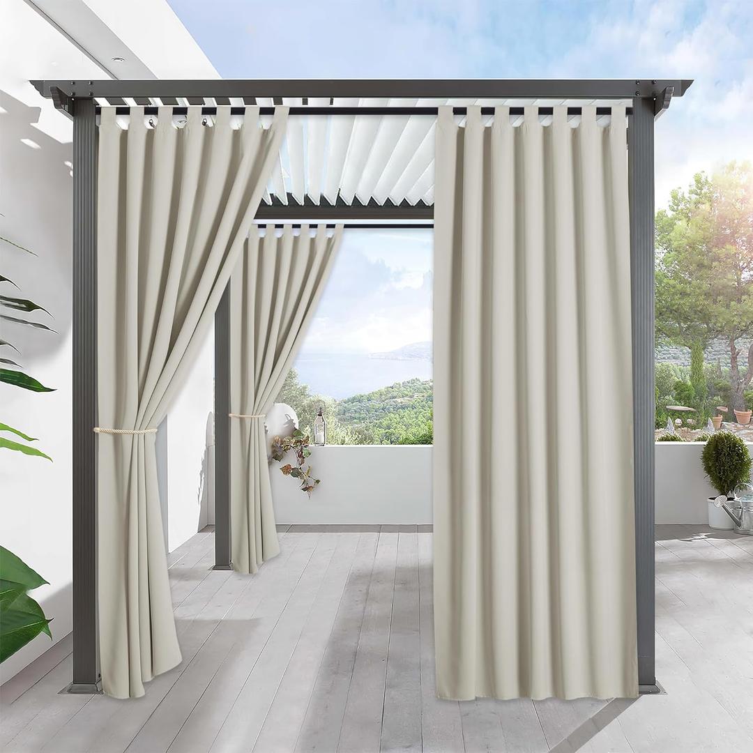 RYB HOME Outdoor Curtains for Patio Waterproof Tab Top Block Sunlight Thermal Insulated Privacy Assured Thick Outside Curtains for Porch, Pergola, Pool, W52 x L84, Natural, 1 Panel