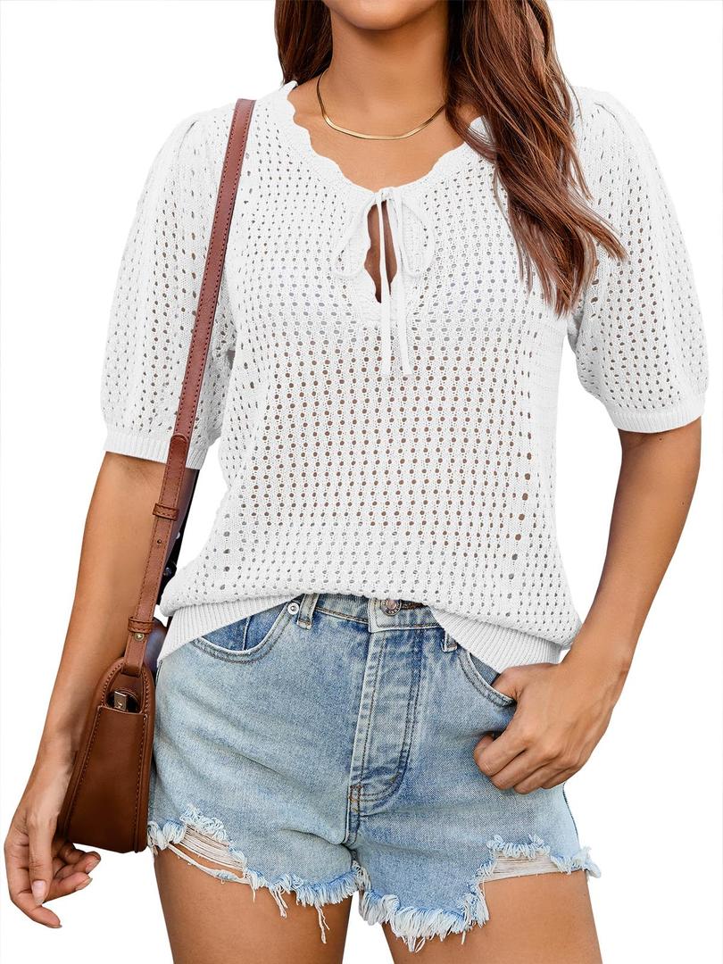 Saodimallsu Womens Crochet Sweaters Puff Short Sleeve V Neck Tie Front Lightweight Casual Summer Trendy Knit Tops White (L)