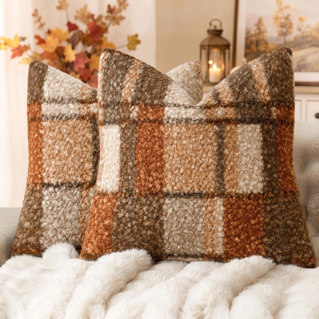 Foindtower Pack of 2 Soft Faux Fur Boucle Throw Decorative Pillow Covers Fuzzy Accent Check Cushion Sherpa Boho Farmhouse Pillowcase for Couch Sofa Bed Living Room Home Decor 18x18 Inch,Autumnal