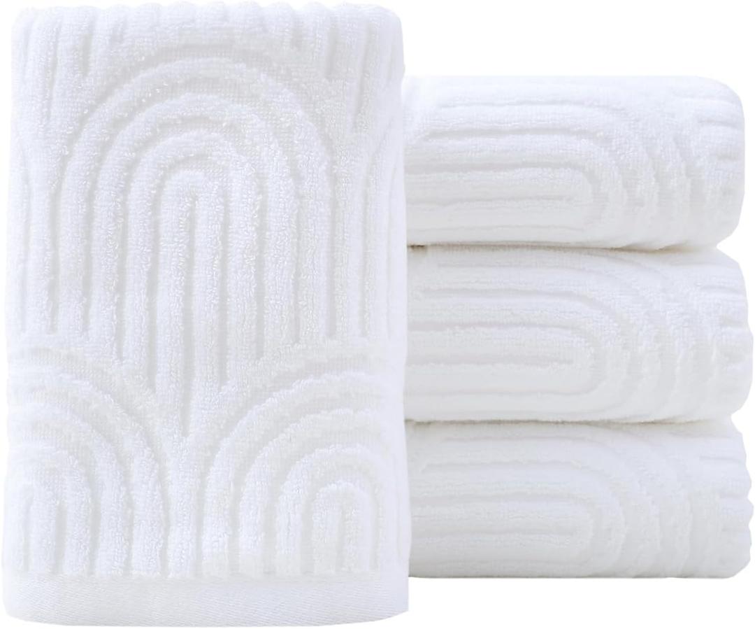 Pidada Hand Towels Set of 4 Striped Pattern 100% Cotton Absorbent Soft Decorative Towel for Bathroom (White)
