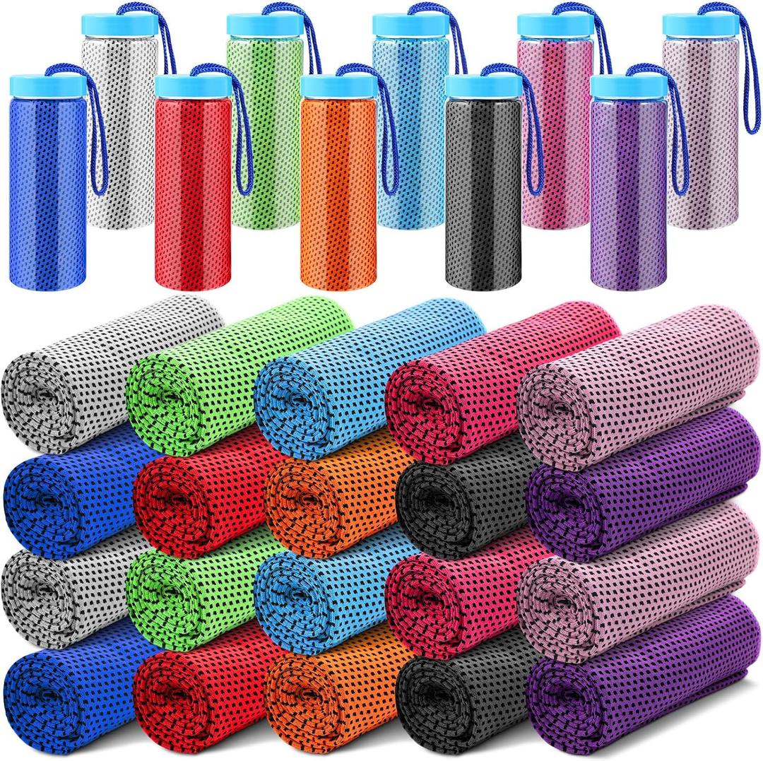 Peryiter 20 Pack Bulk Cooling Towels for Neck and Face Ice Towel Quick Drying Sweat Towels Breathable Portable Yoga Towels with Storage Lanyard Bottle for Fitness Yoga 10 Colors, 35 x 12 Inches