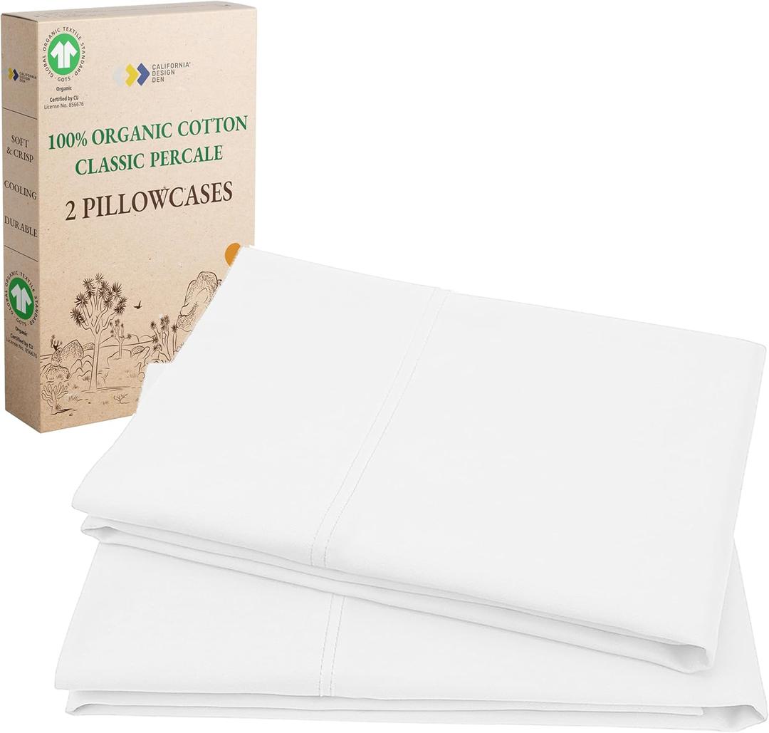 California Design Den 100% Organic Cotton Pillow Cases Queen/Standard Set of 2, Soft & Cooling Percale Weave Cotton Pillowcases (Bright White)