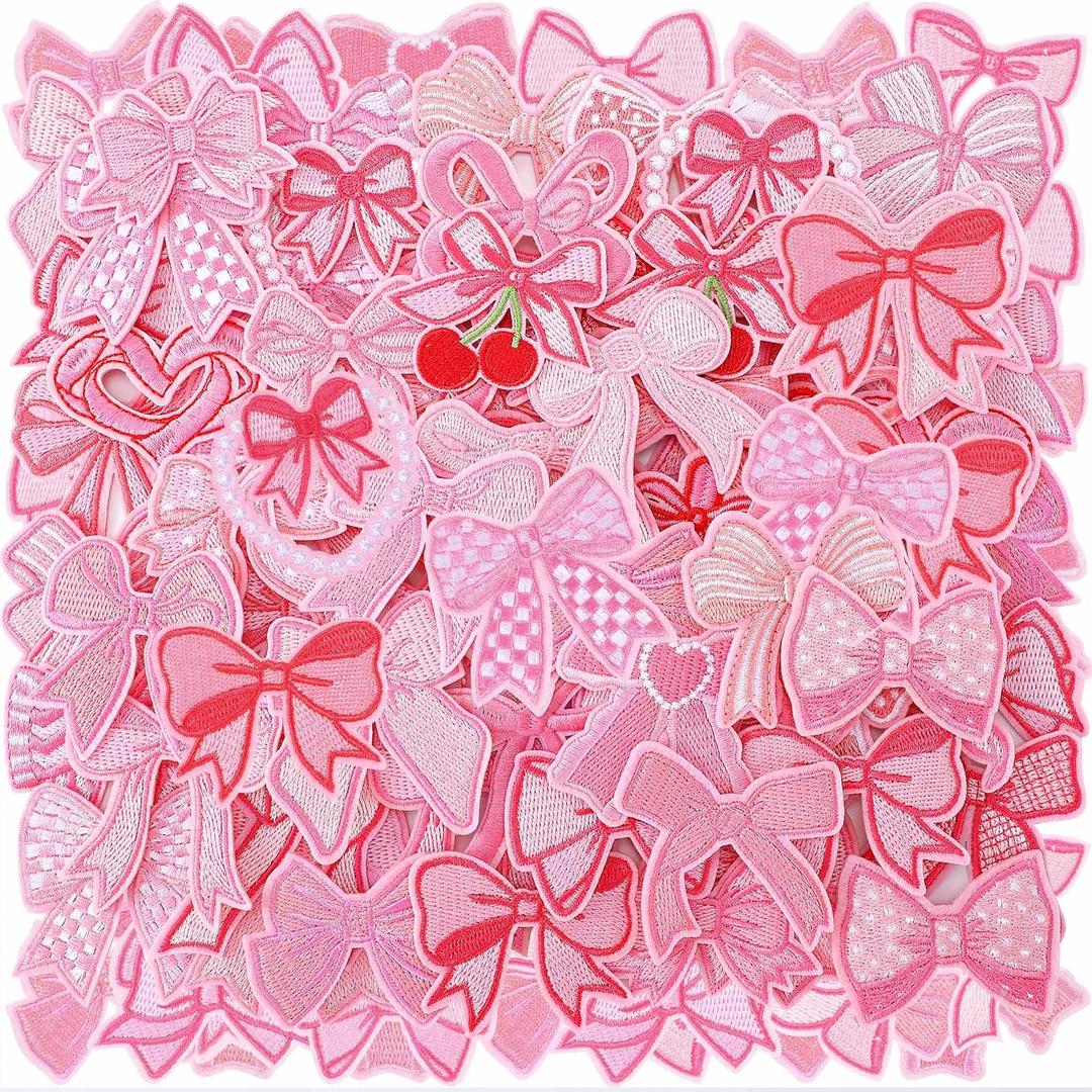 Zeyune 72 Pcs Pink Bow Iron on Patches Bulk Embroidered Bow Patches Coquette Preppy Sew on Bowknot Applique Girly Aesthetic DIY Decoration for Hats Clothing Backpacks, 36 Styles