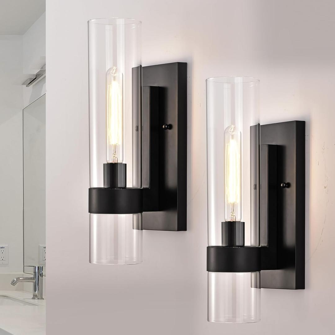 Indoor Wall Sconces Set of Two, Modern Black Bathroom Sconces Wall Decor with Cylinder Glass, Wall Lamps for Bedroom Hallway Vanity Kitchen Lighting Fixtures Set of 2