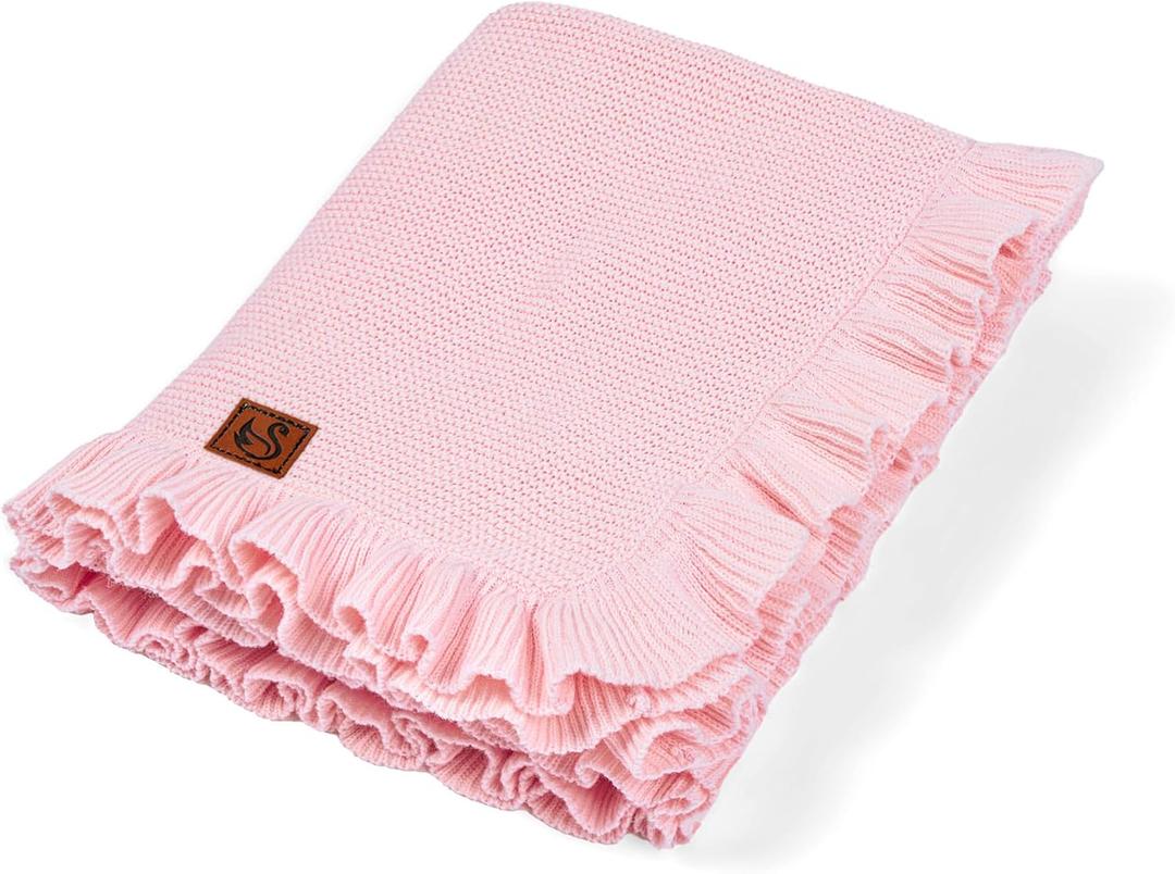 Ruffle Knit Blanket for Baby - 100% Luxury Soft Cotton Knit Warm Cozy Cuddle Stroller Crib Blanket for Newborns, Infants, & Toddlers (Pink)