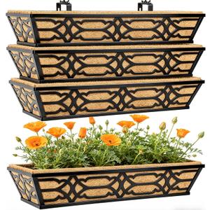 4 Pack 30 Inch Window Boxes Planters with Coco Liner, Large Metal Railing Planter Boxes for Deck, Heavy Duty Hanging Trough for Fence and Front Porch Garden Flower Display