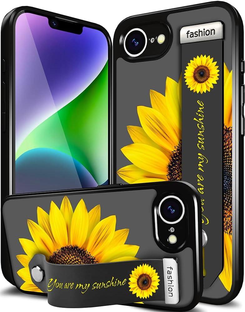Compatible for iPhone 16e Case Cute with Strap Stand Finger Kickstand, Designer Cool Silicone Cases Funda Cover - Yellow Sunflower