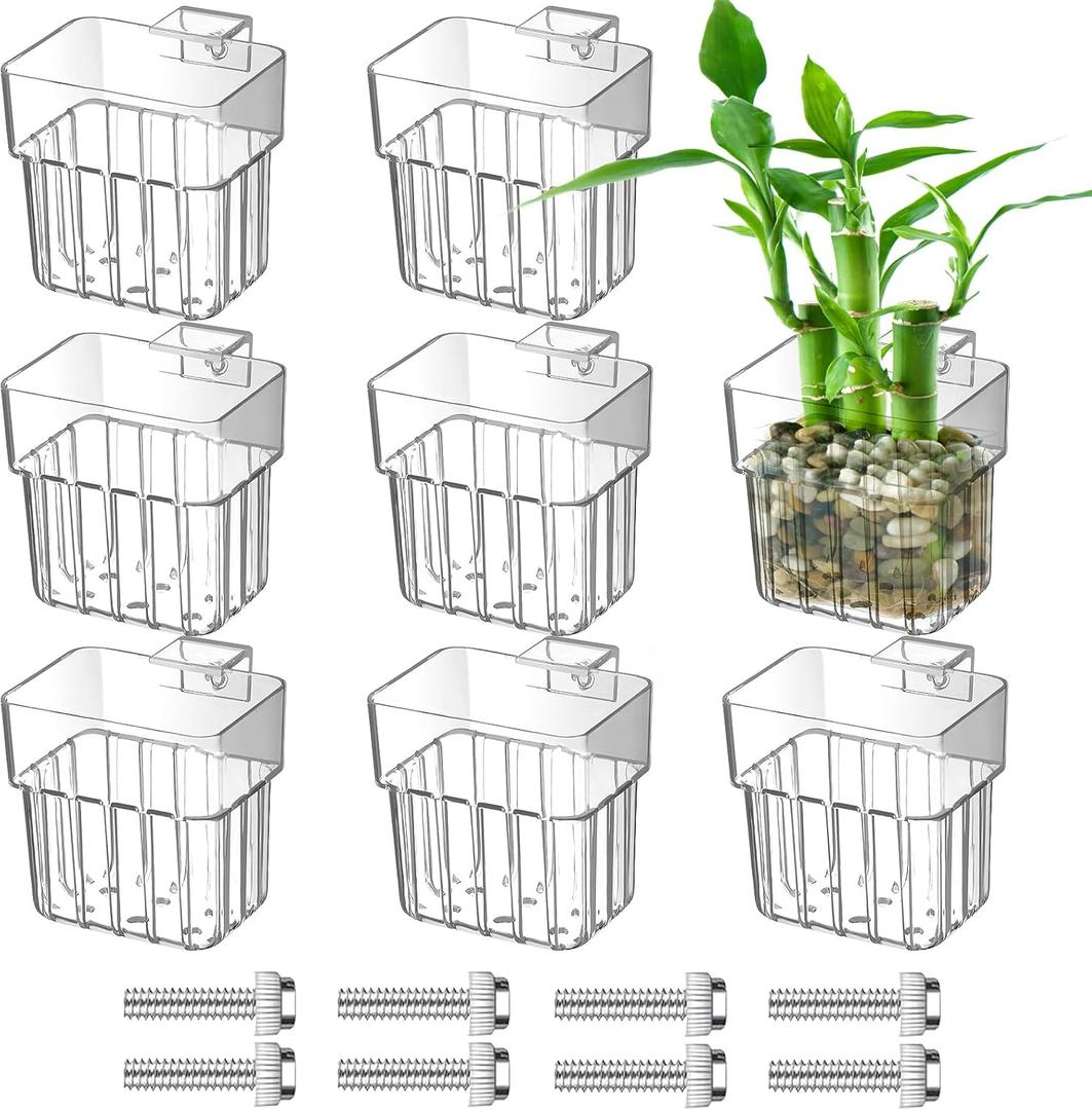 8PCS Clear Aquarium Plant Holder, Hanging Aquatic Plant Pot Holder with Hole, Adjustable Fish Tank Pot for Aquaponic Cultivation Aquarium Water Feature Decoration