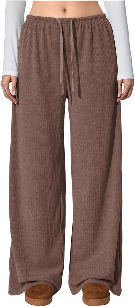Women's Wide Leg Ribbed Knit Pants Drawstring Waist Low Rise Casual Long Trousers (Medium Brown)