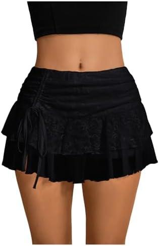 Verdusa Women's Y2k Lace Ruffle Mini Skirt Mesh High Waist Layered Skirt Skort Boho Outfits Micro Shorts, XS