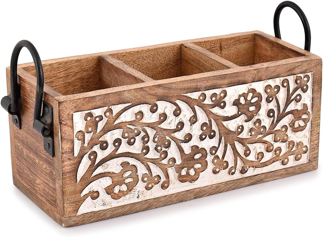 Mango Wood Utensil Drawer Organizer, Silverware Tray Organizer, Kitchen Drawer Organizer for Flatware Cutlery (11" x 4" x 4.5")