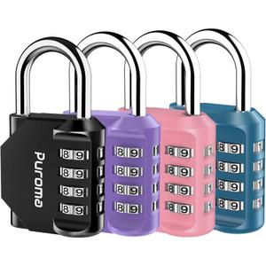 Puroma 4 Pack Combination Lock Multicolor for Locker 4 Digit Outdoor Waterproof Padlock for School, Gym, Sports, Fence, Toolbox, Gate, Case, Outdoor, Hasp Storage (Black, Purple, Pink, Peacock Blue)