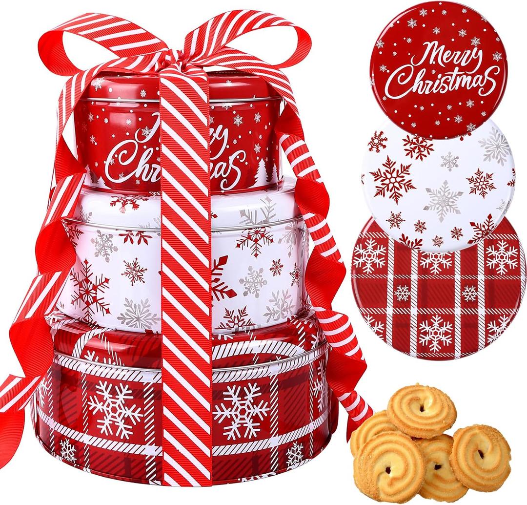 DIYDEC 3 Pack Christmas Cookie Tins With Lids Round Christmas Tin Containers With Gift Ribbon Large Medium Small Xmas Metal Nesting Containers Festive Cookie Tins for Gift Giving Holiday Treats