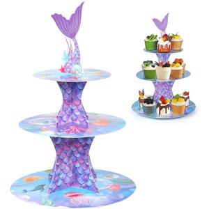 WINKIO Mermaid Cupcake Stand, Little Mermaid Birthday Party Decorations Supplies Favor Under the Sea Theme Cupcake Tower Holder for Girls Kids(1 Pack)