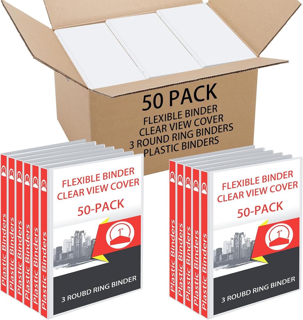 Fulmoon 50 Pcs 3 Ring Binders Bulk with 2 Interior Pockets Round Soft Flexible Ring Binders Holds 175 Sheets with Clear Cover for Office School(White,1 Inch)