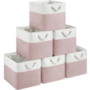 13x15x13 Storage Cube Bins, Heavy Duty Foldable Fabric Storage Bins with Handles and Metal Frame, 6 Pack Large Closet Organizer Bins for Clothes, Socks, Towels, White Pink