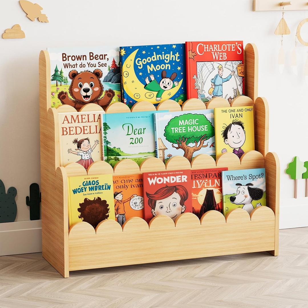 SpaceAid 3-Tier Scalloped Bookshelf, Montessori Bookcase for Toddlers, Wooden Book Shelf Organizer Display Furniture for Kids Rooms, Playroom, Nursery and Classroom, Natural, 3 Tier, 29.6" W