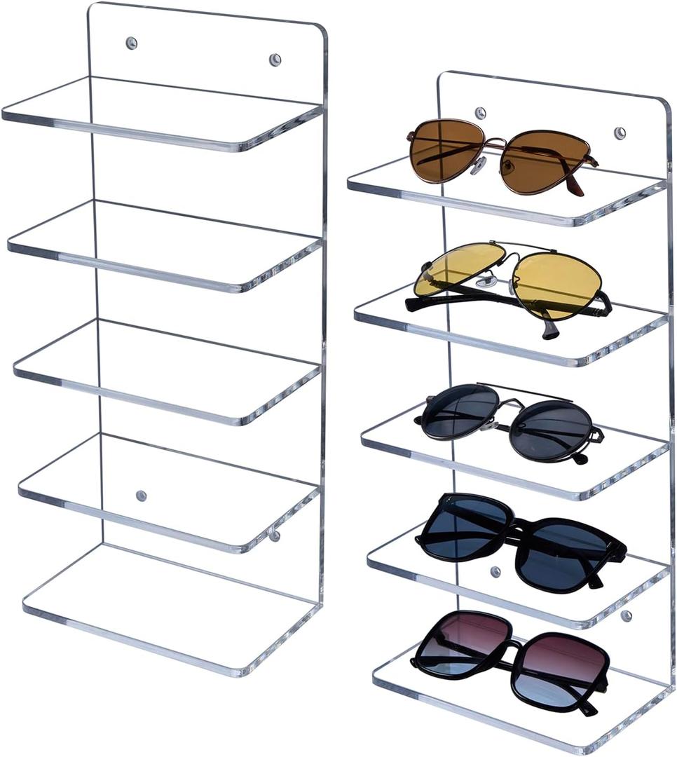 MyGift 5 Tier Clear Acrylic Sunglasses Holder Rack, Wall Mounted Eye Glasses Shelf or Tabletop Display Stand, Retail Eyewear Showcase Storage Organizer, Set of 2