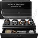 Holme & Hadfield Premium 4-Slot Wooden Watch Display Case  Handcrafted Mens Watch Box with Accessory Drawer, Hinged Cover, Leather Lining  Birthday Gift for Collectors  Luxury Built to Last (Black)