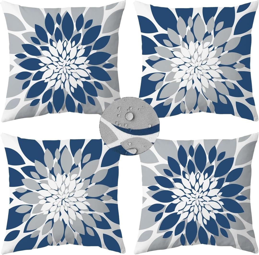 Qahing Pack of 4 Outdoor Waterproof Pillow Covers 18x18 Decorative Outdoor Throw Pillows Garden Square Cases for Patio Furniture, Couch, Tent Sunbrella, Bench, Blue Grey