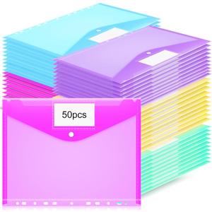 Fuutreo 50 Pcs Binder Pockets for 3 Ring Plastic Envelopes Pocket Folders 11 Hole Snap Button Binder Pouch with Label Expandable Organizer for 2/3/4 Ring