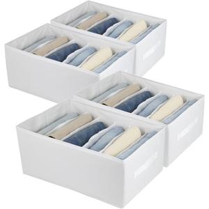 Extra Large Clothes Closet Organizer 6 Compartments for Jean Sweater Sheets to Shirt - Divided Clothing Storage Boxes for Closet, Wordrobe, Bedroom, Shelf (4pc White)