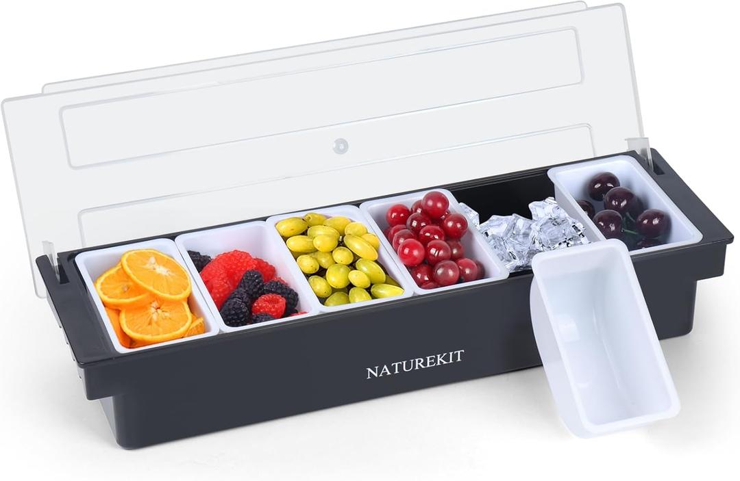 Ice Cooled Condiment Serving Container, Veggie & Condiment Caddy with Lid, Large 6 Removable Compartment Chilled Garnish Tray Bar Caddy for Bartending & Serving Taco,Salad,Fruit