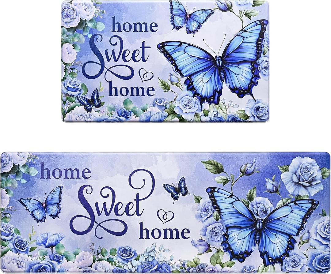 Likiyol Kitchen Rugs Floral Kitchen Mats for Floor Butterfly Farmhouse Anti Fatigue Mats for Kitchen Floor, Non Slip Washable Kitchen Mat for Home, Sink, 18''x30''+18''x48'', Blue
