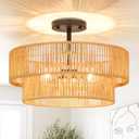 Rattan Ceiling Light Fixture Boho Flush Mount Ceiling Light Wicker Boho Light Fixtures Ceiling Mount for Hallway Bedroom Entryway Kitchen (15.8inch, Straight tube)