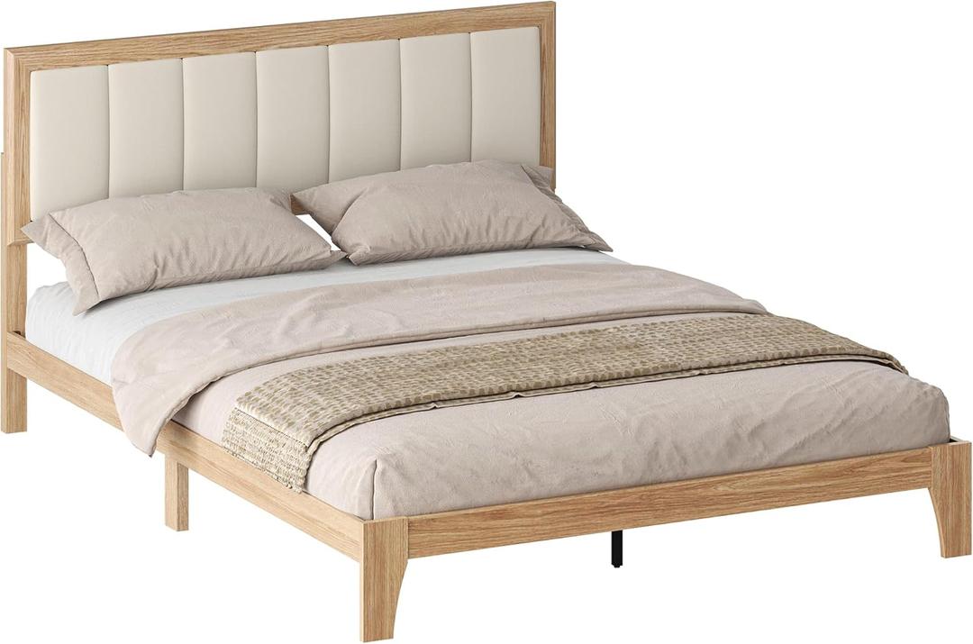 HOMCOM Queen Size Bed Frame with Upholstered Headboard, Platform Bed Frame with Wooden Slats, No Box Spring Needed, Easy Assembly, Oak