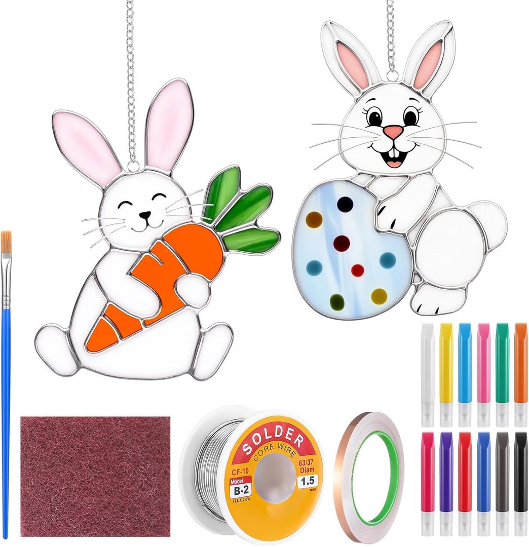 Roowest Unfinished Easter Pre Cut Stained Glass DIY Stained Glass Craft Kit for Adult with Solder Wire, Flux Brush, Pens for Women Gifts Spring Home Decor(Bunny,2 Set)