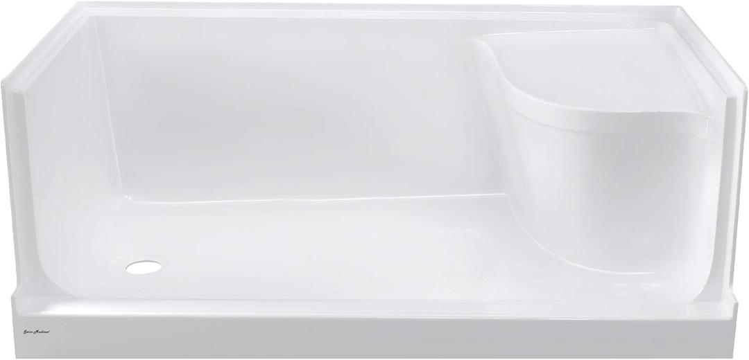 Aquatique 60 X 32 Single Threshold Shower Base With Left Hand Drain and Integral Right Hand Seat in White