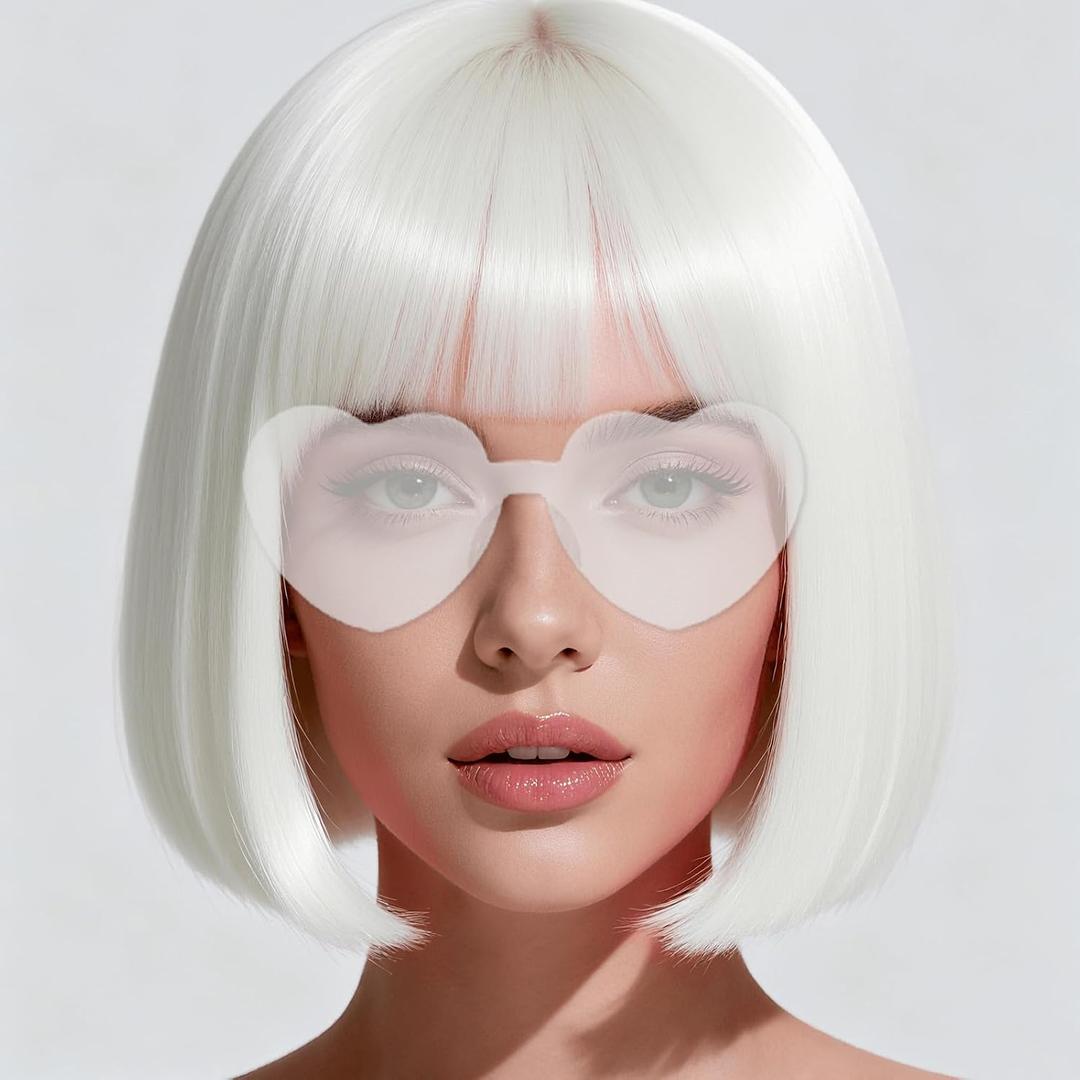 Short Bob Wigs with Heart Sunglasses and Hair Cap Set of 3 | Colorful Colored Neon Wig Funny Cosplay Hairpieces for Halloween Party Costume (White)