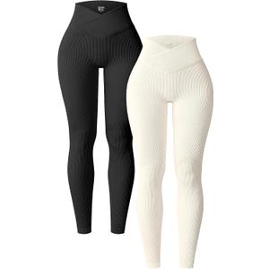 OQQ Women's 2 Piece Yoga Leggings Ribbed Seamless Workout High Waist Cross Over Athletic Exercise Leggings (Black,Beige)