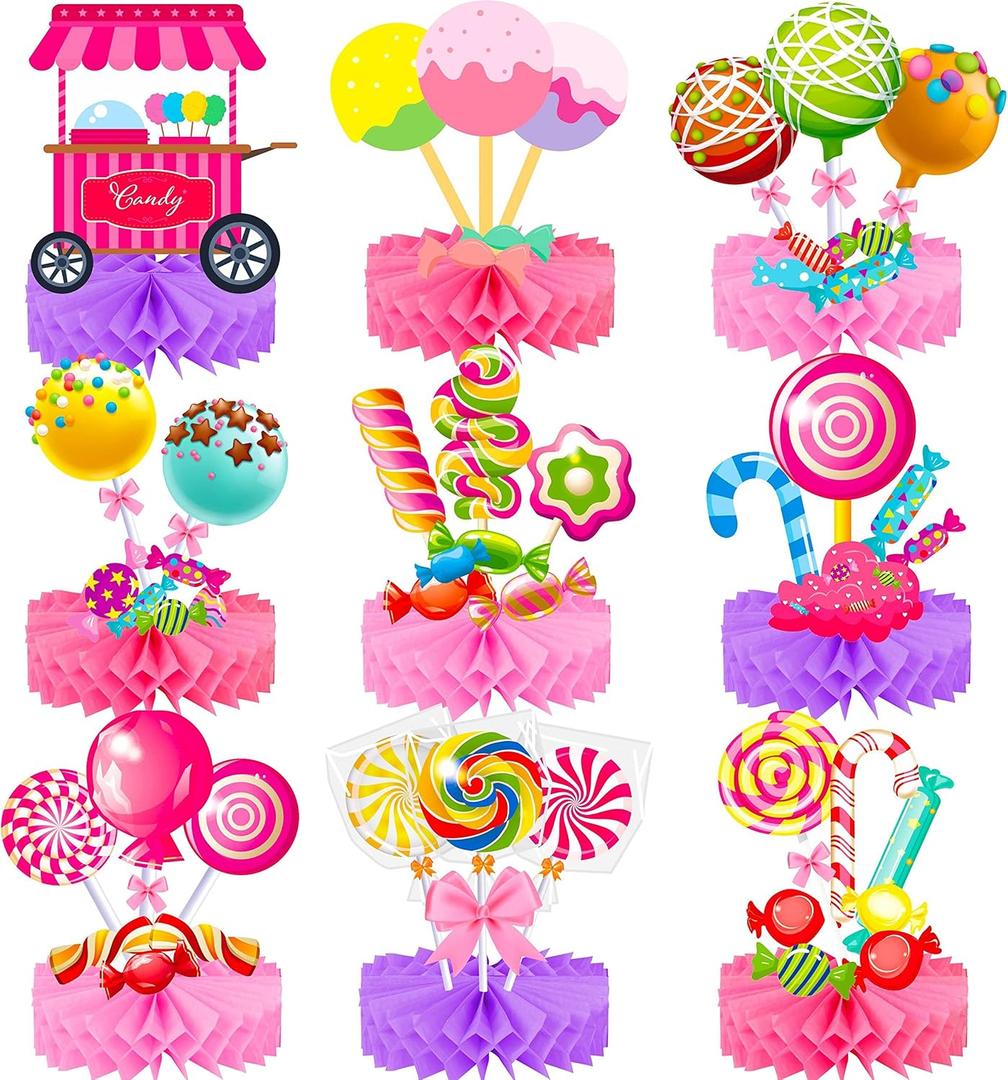 Candyland Party Table Decorations 9pcs Candyland Lollipop Table Honeycomb Centerpieces for Candy Theme Birthday Party Supplies (9 Count (Pack of 1))