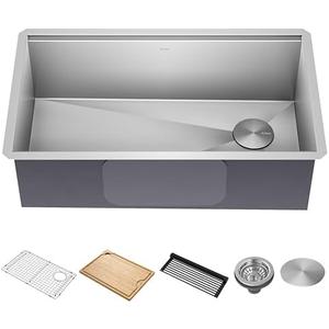 KRAUS Kore 32-Inch Undermount Workstation 16 Gauge Single Bowl Stainless Steel Kitchen Sink with Accessories, KWU110-32