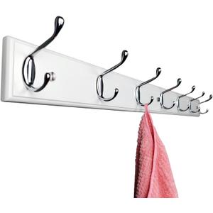 Wooden Wall Mounted Coat Rack 35 Inch, White with 7 Silver Hooks for Entryway, Hallway, Bedroom